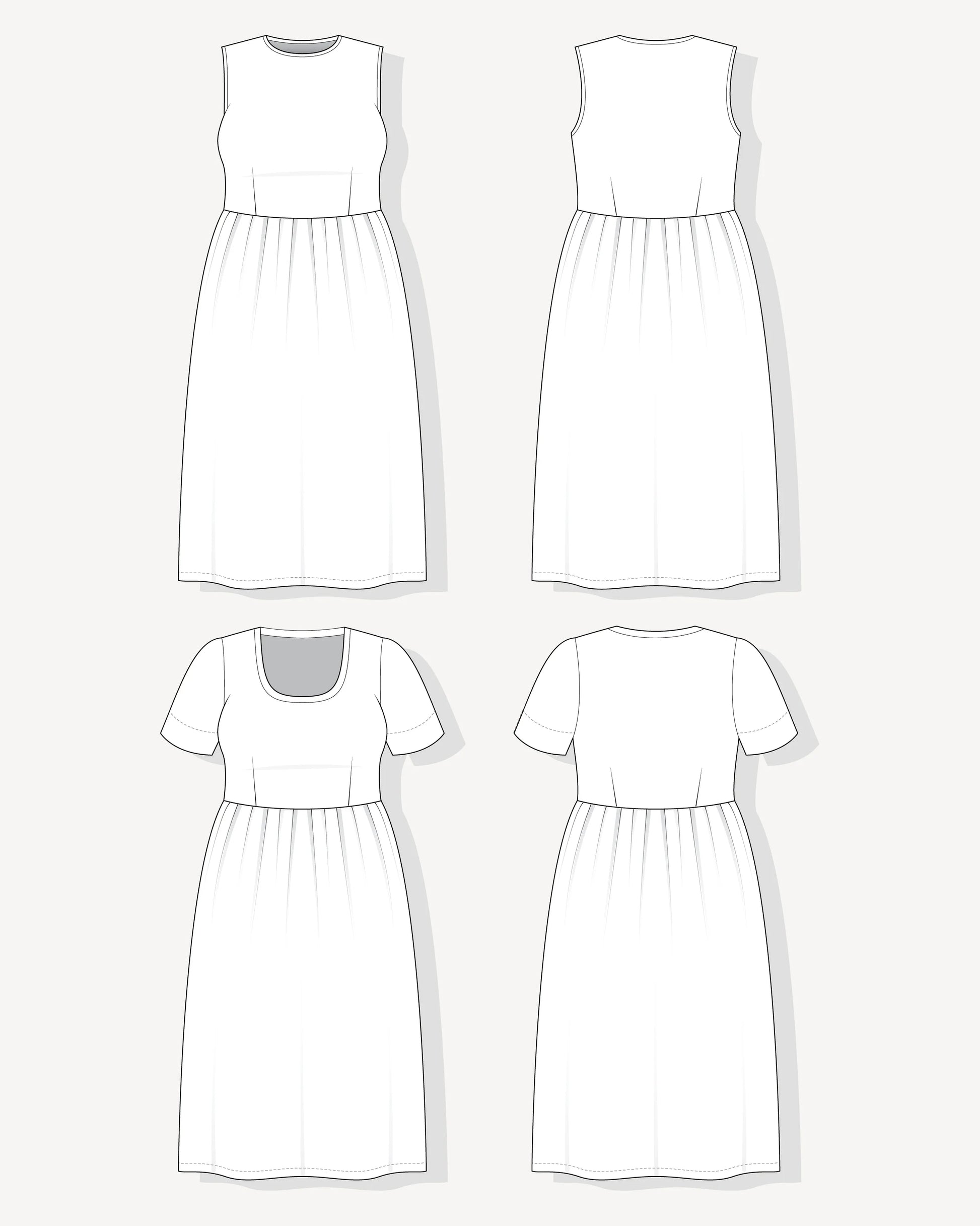 Line drawings of a dress from multiple angles on a white background