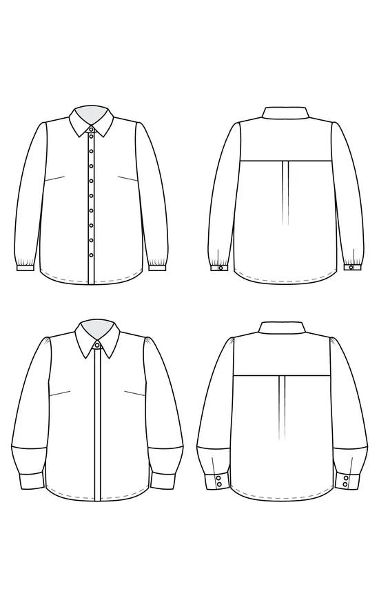 Line art of a shirt from front, back, and side views on a white background