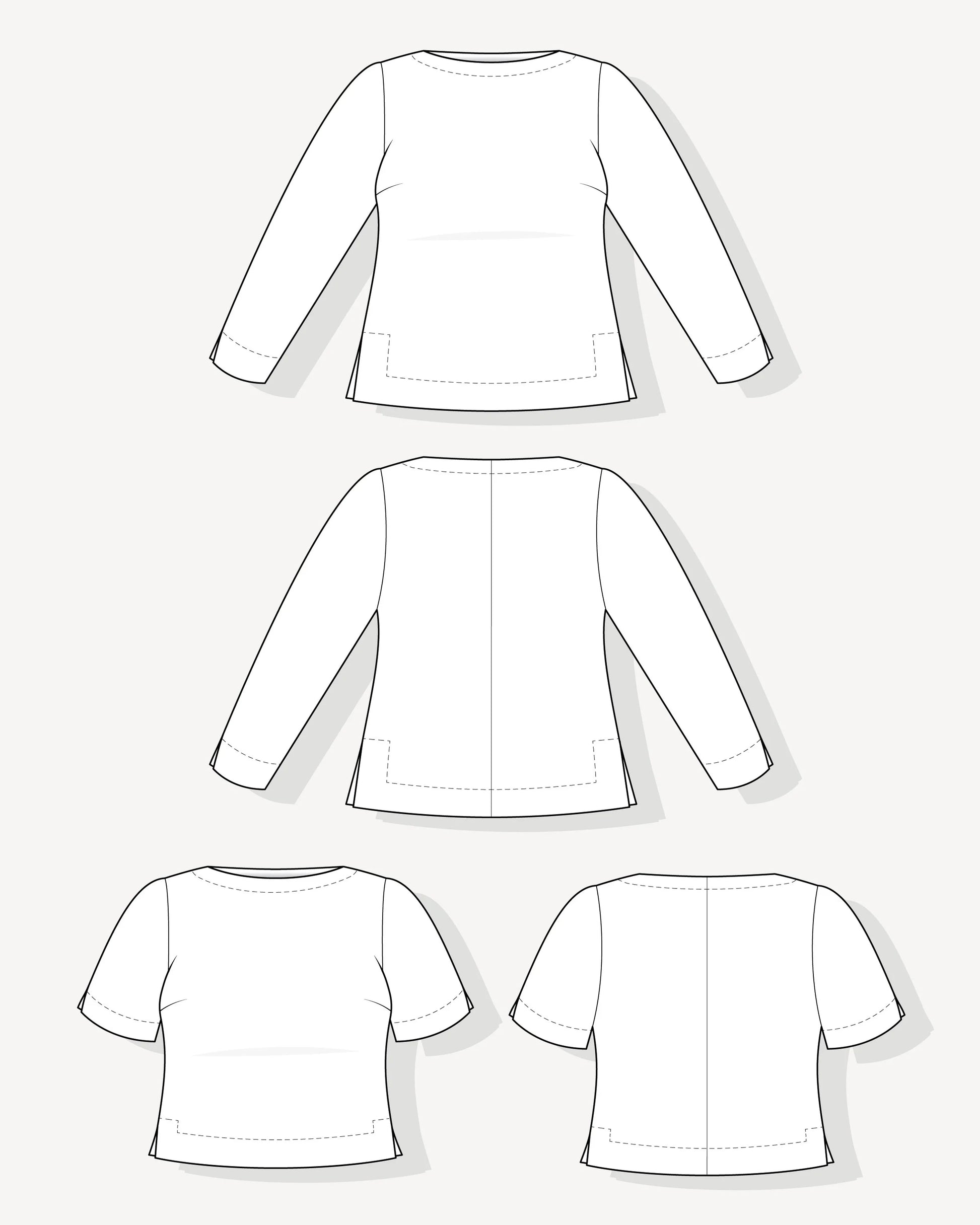 Black and white technical line drawings showing multiple views of a long-sleeve top, including front, back, and short-sleeve variants, on a light gray background.