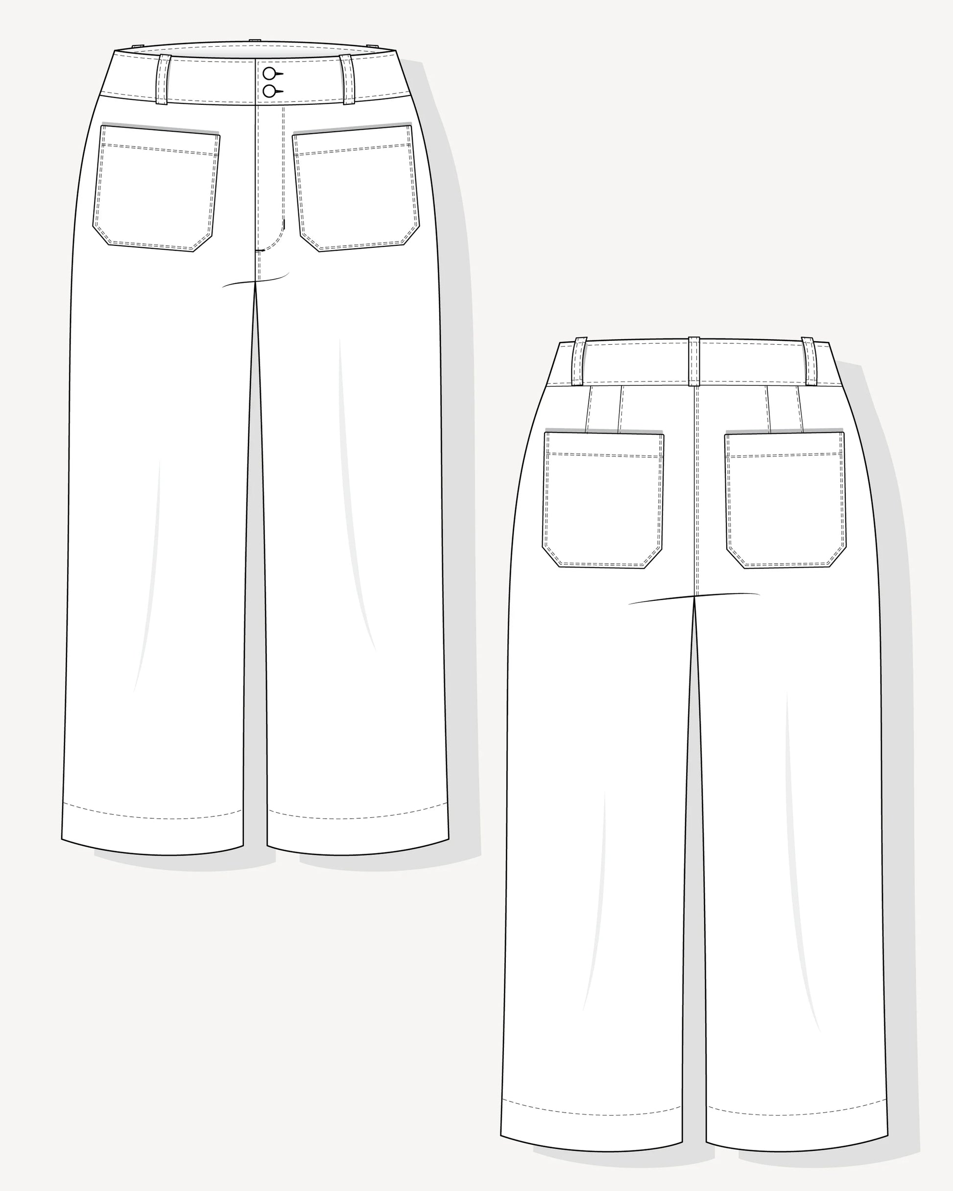 Black and white line art vector illustration showing two views of cropped pants with back pockets, on a light gray background.