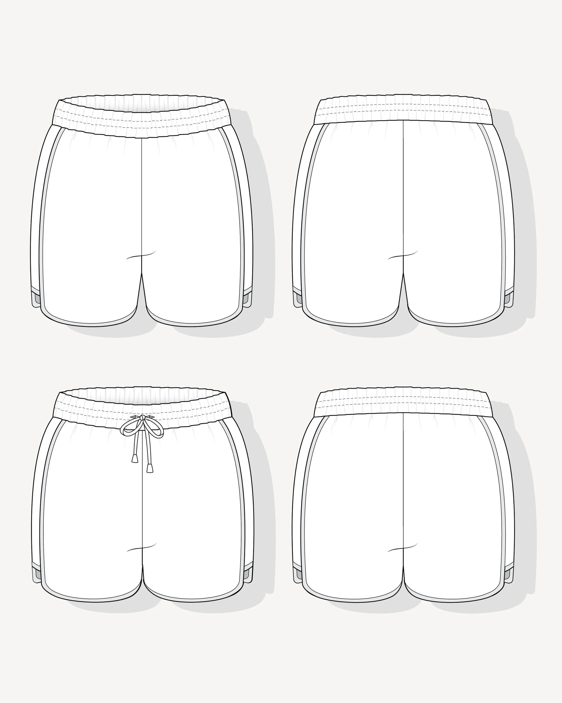 Line drawings of shorts from multiple angles on a light gray background