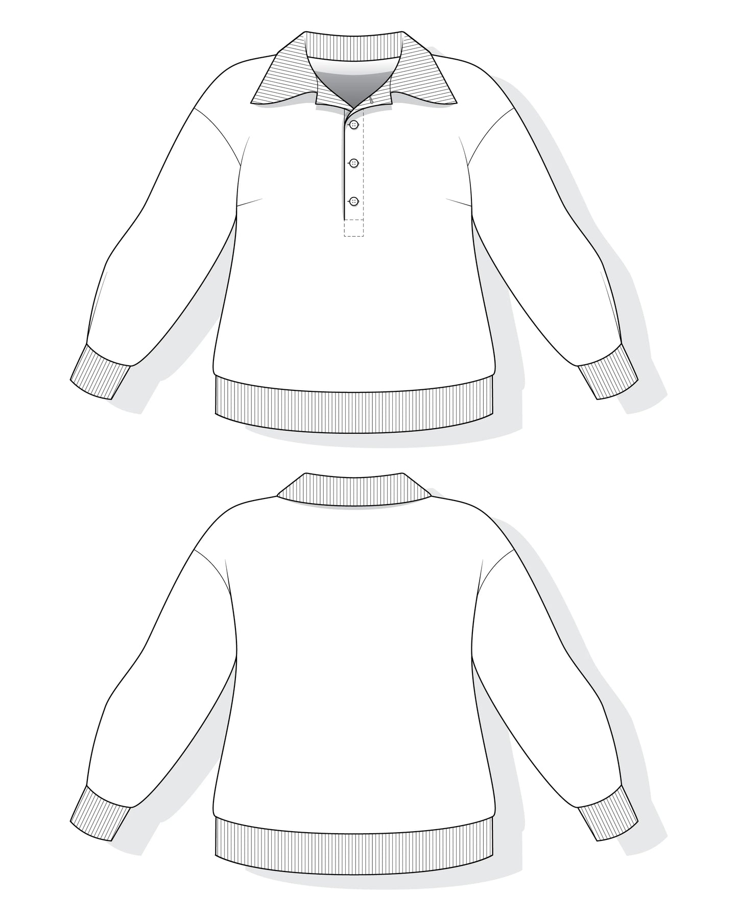 Tech sketch of rugby polo shirt sewing pattern