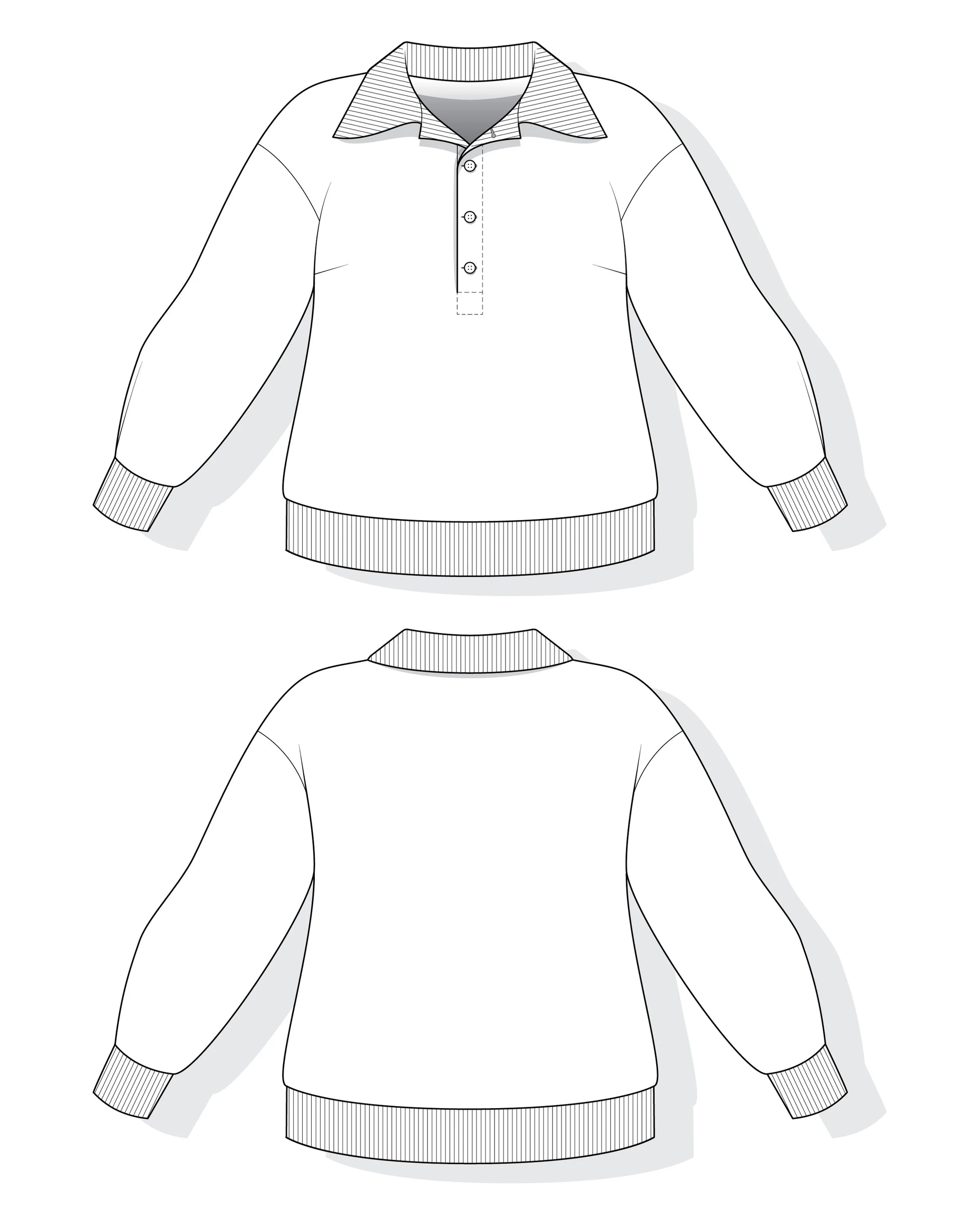 Tech sketch of rugby polo shirt sewing pattern