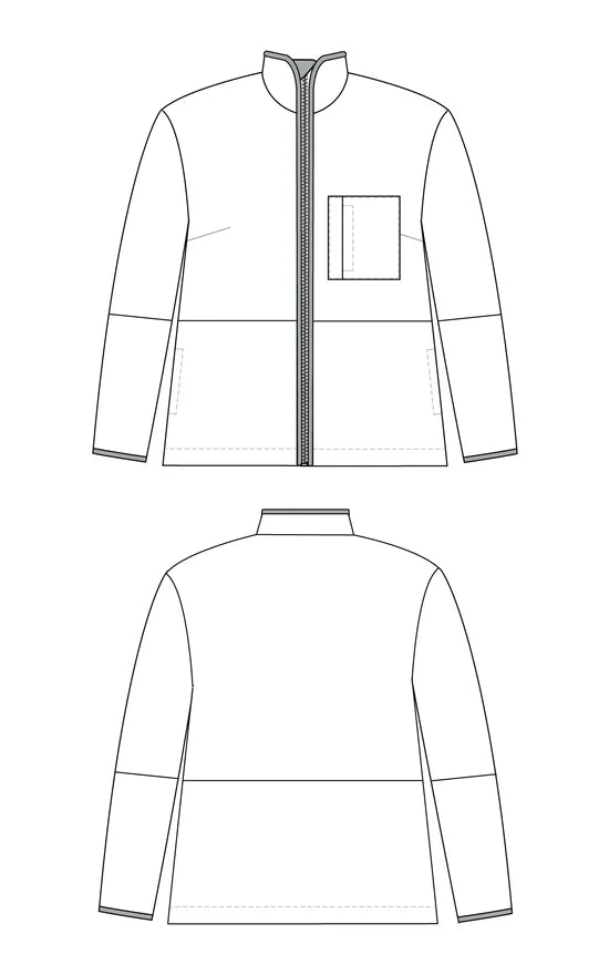 Technical drawing of a jacket with front and back views on a white background