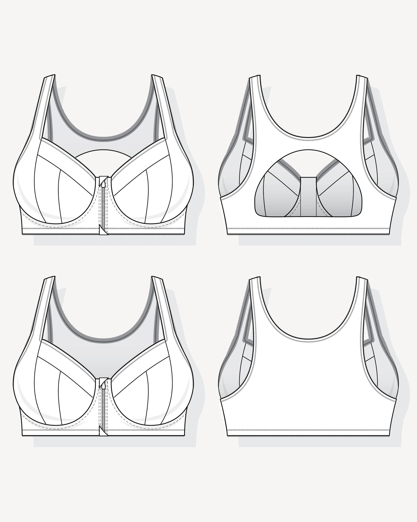Set of four line drawings of a sports bra on a white background