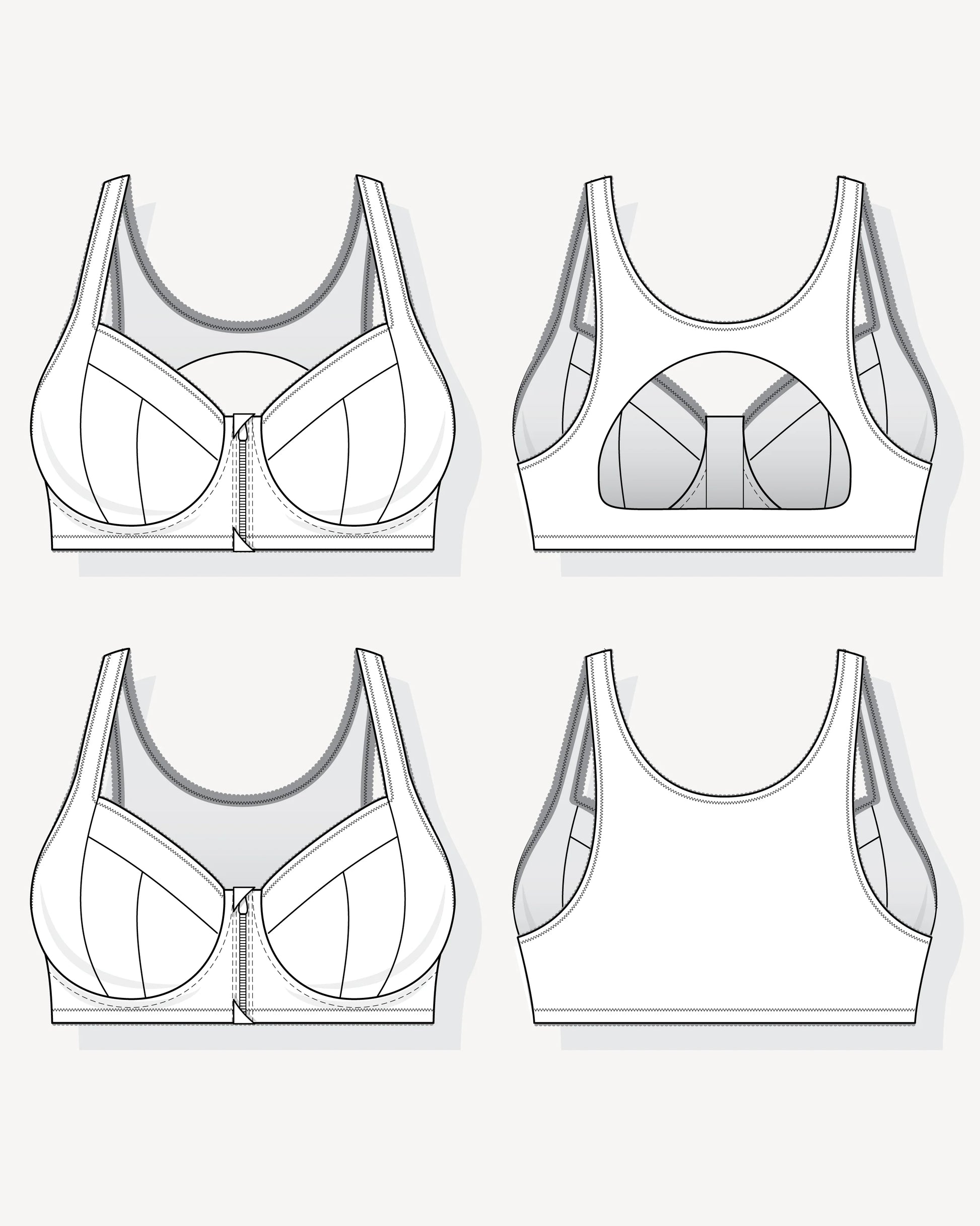 Set of four line drawings of a sports bra on a white background