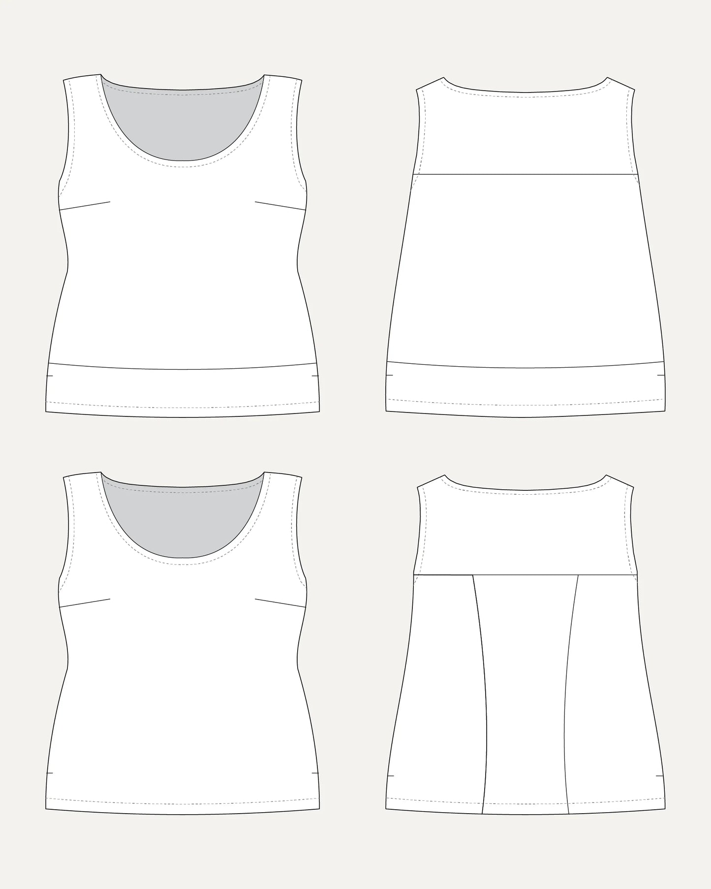 Technical drawing of a tank top with front, back, and side views on a light gray background.