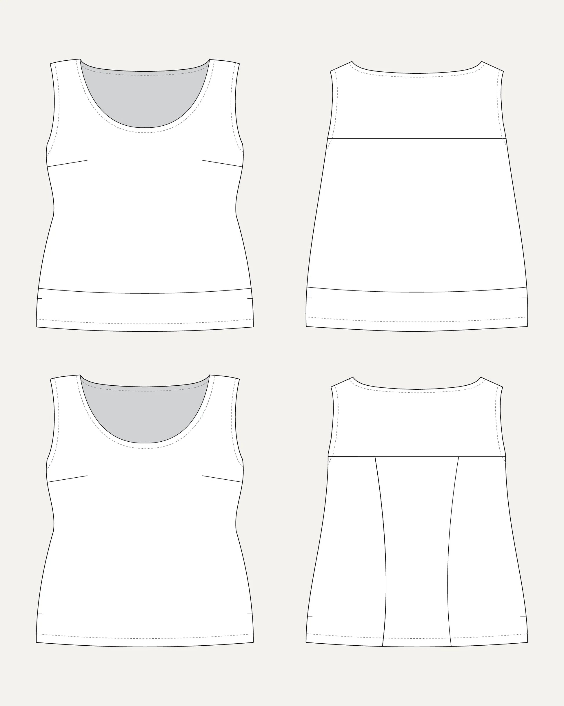 Technical drawing of a tank top with front, back, and side views on a light gray background.