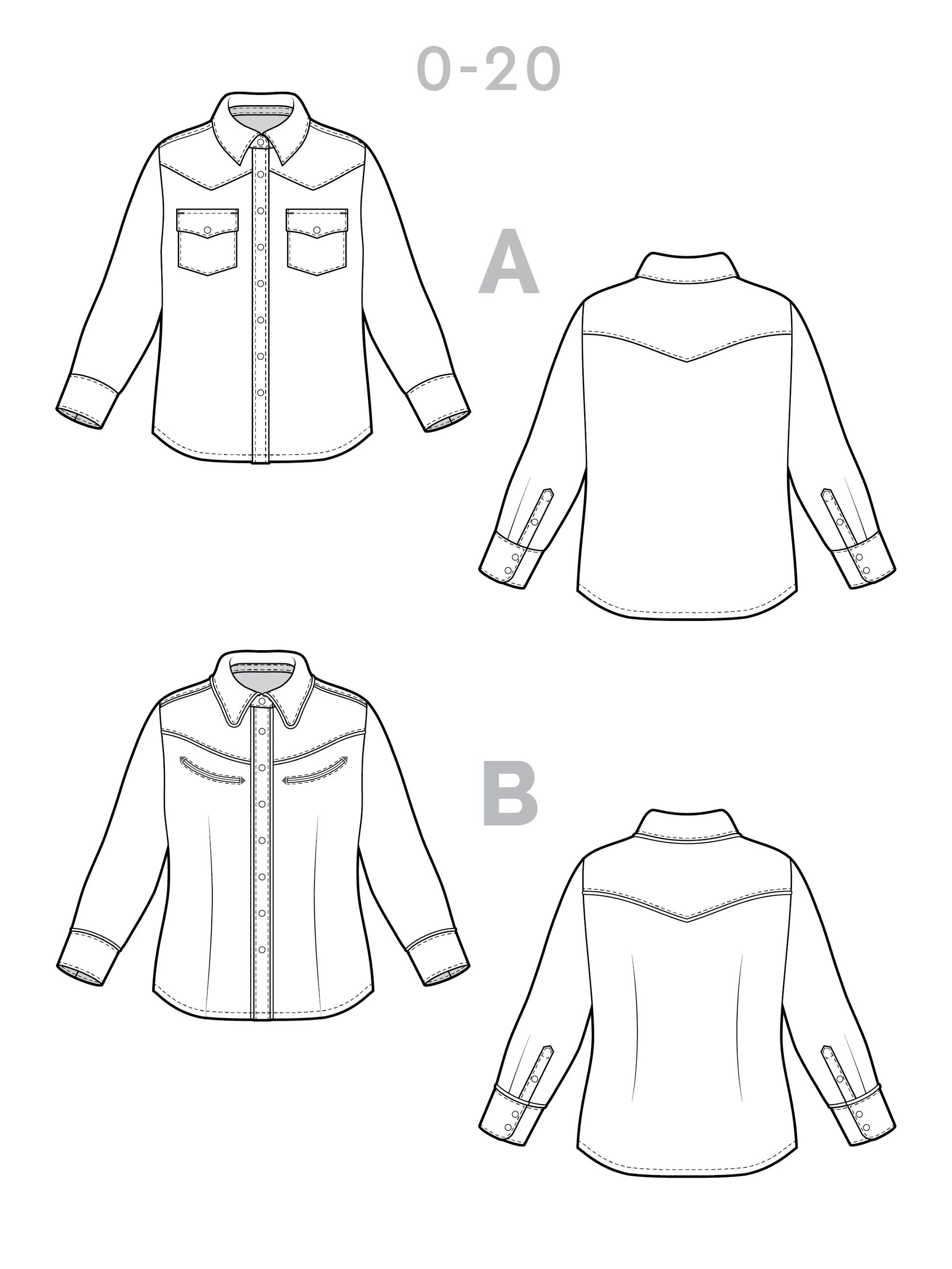 Line drawings of a shirt with different styles labeled A, B on a white background.