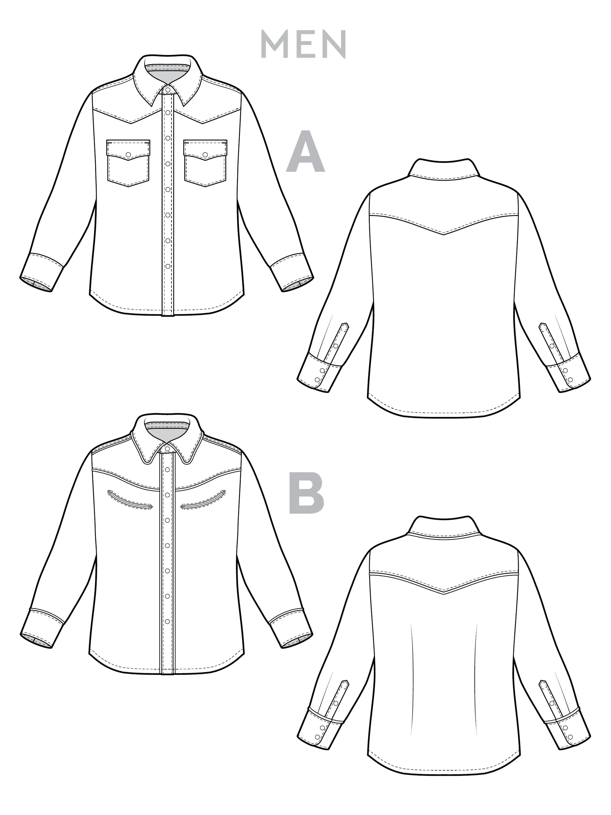 Line art of men's shirts with different designs on a white background