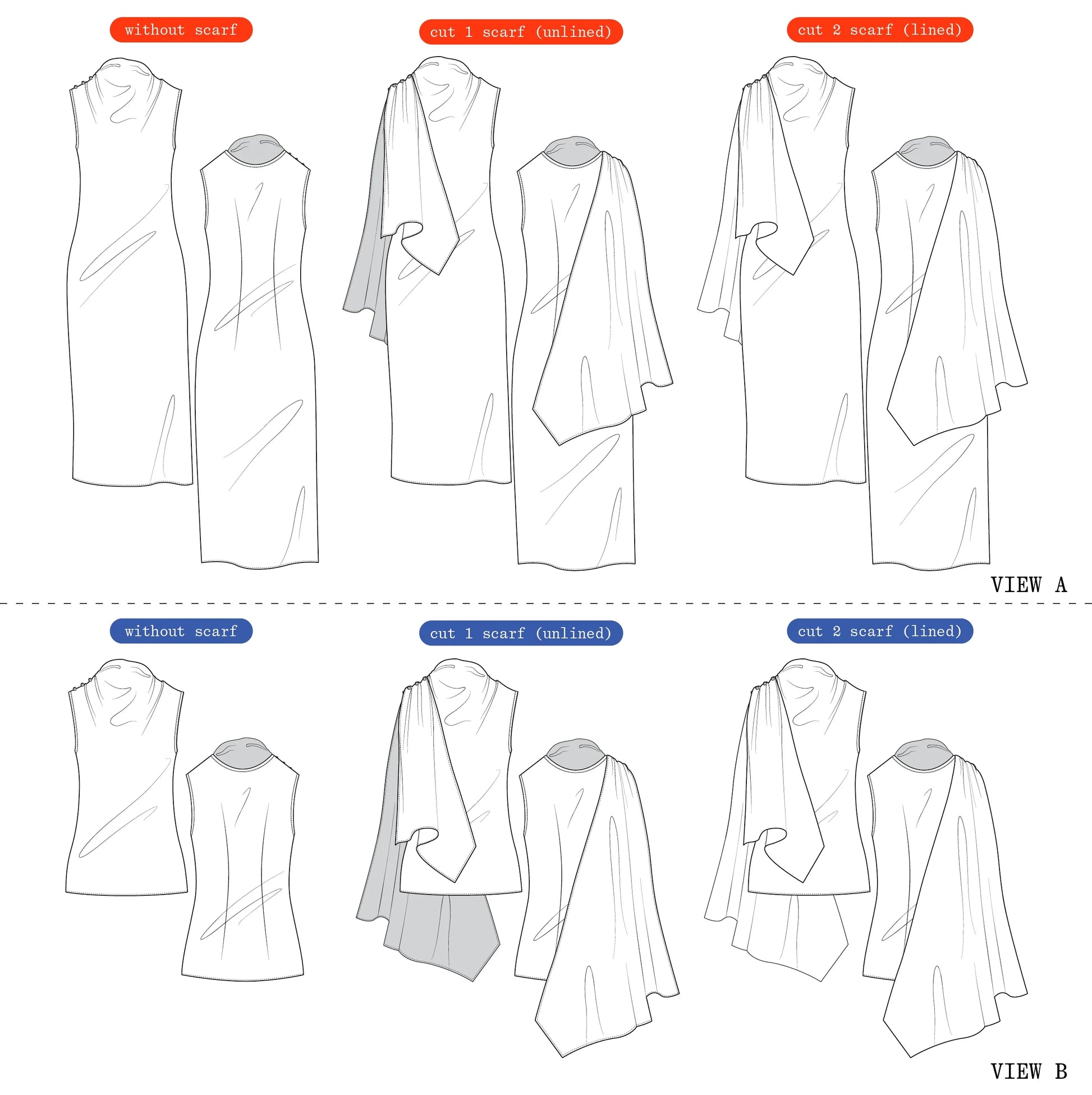 Technical drawing of a garment with different views and fabric options.