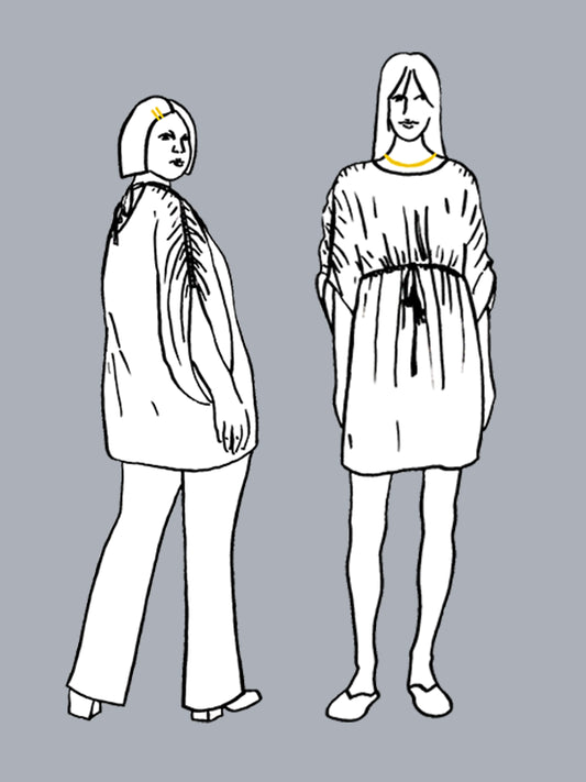 Black and white line drawings of two people wearing different outfits on a gray background