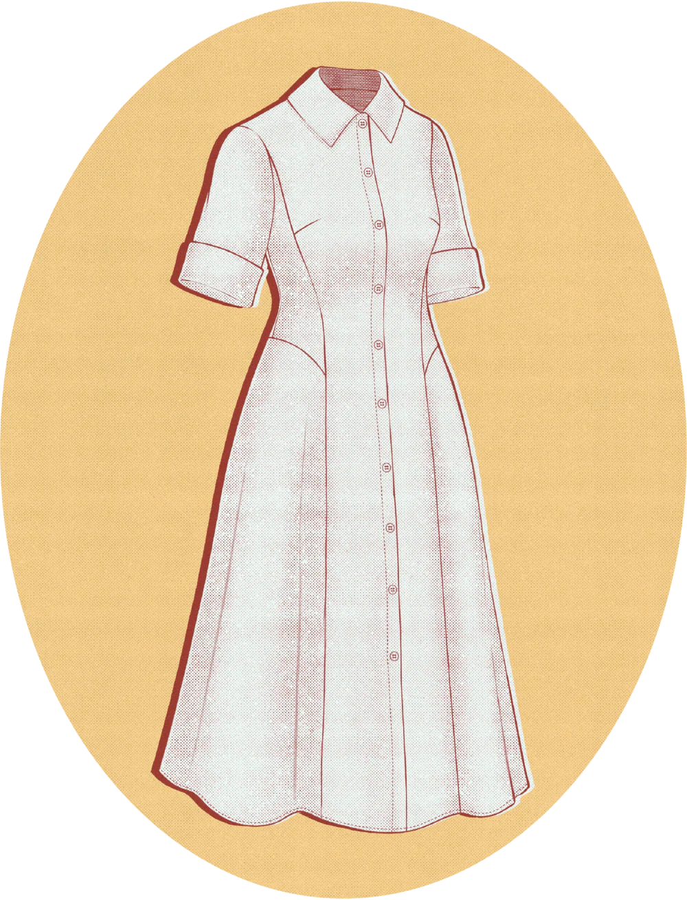 White dress with red trim on a yellow background