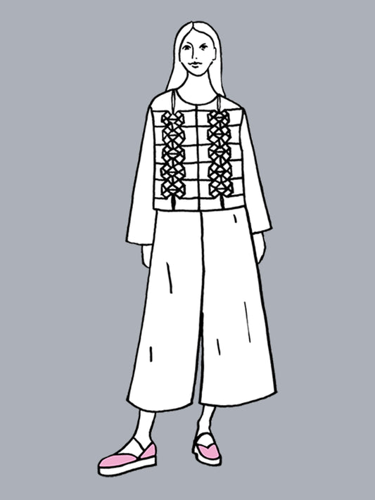 Black and white line drawing of a person wearing a patterned vest and long skirt on a gray background