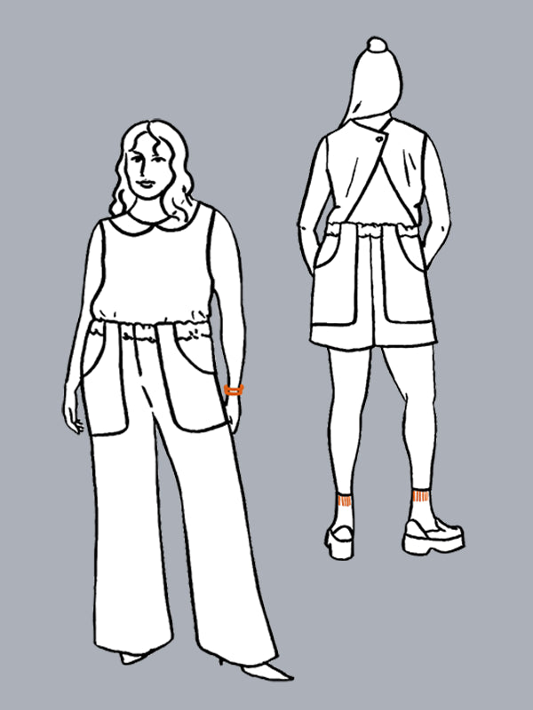 Line art of a person wearing a top and pants on the left, and a jacket and shorts on the right, against a gray background.