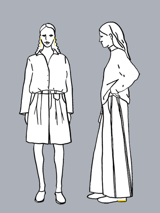 Line drawing of a woman wearing a dress with a belt on a gray background