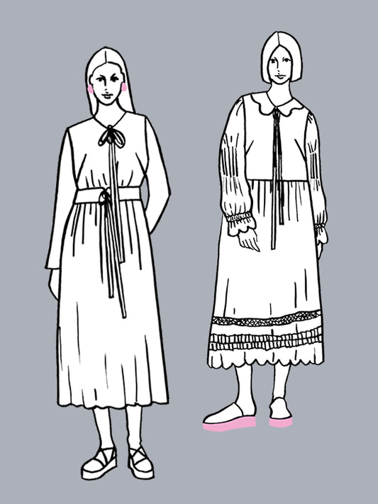 Line drawings of two women wearing dresses on a gray background