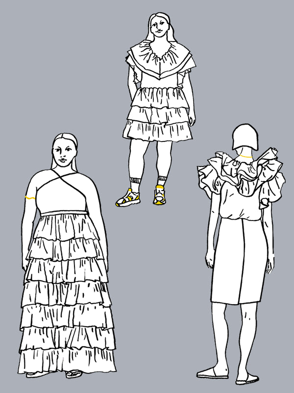 Black and white line drawings of three different outfits on a gray background