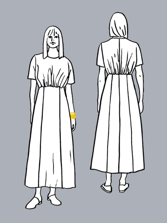 Line drawing of a dress with front and back views on a gray background
