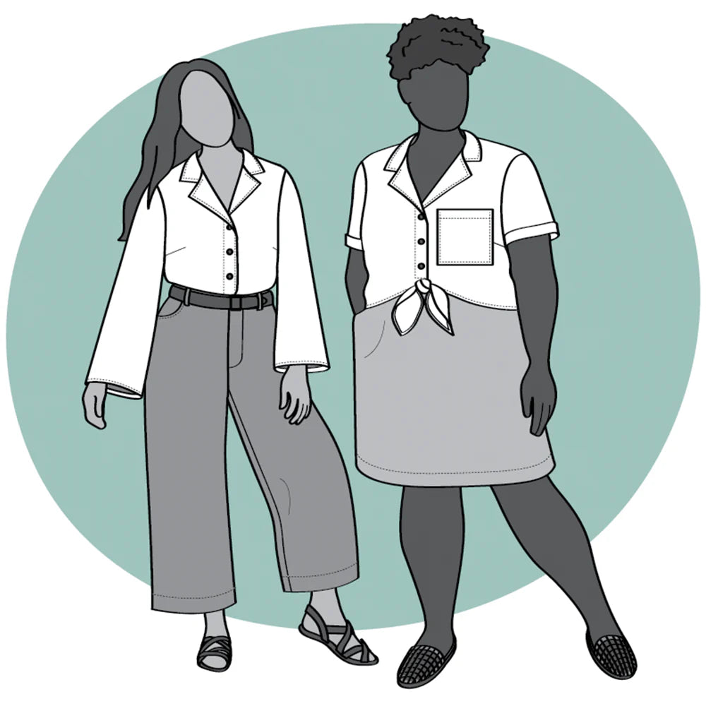 Illustration of two women wearing white blouses and gray skirts on a teal background