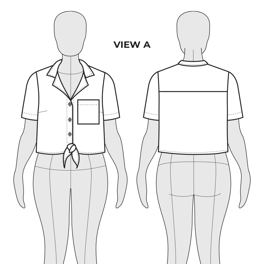 Fashion illustration of a shirt with front and back views on a mannequin.