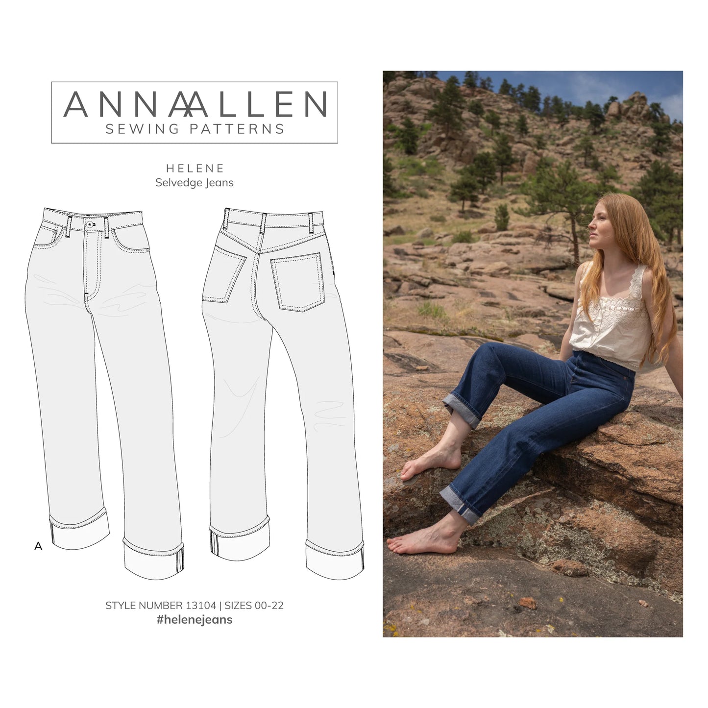 Anna Allen sewing pattern for Helene Selvedge Jeans with a model wearing the jeans in a natural setting.