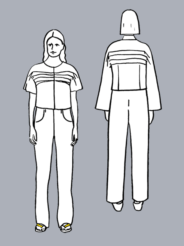 Fashion illustration of a person wearing a top and pants with stripes, shown from front and back on a gray background.