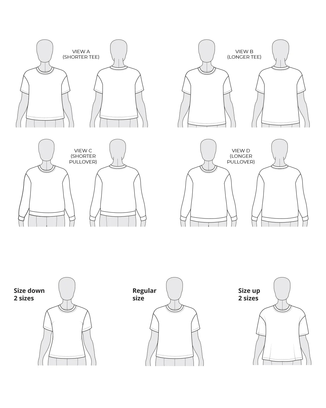 tech line drawing of jackson tee displaying short and long sleeved views