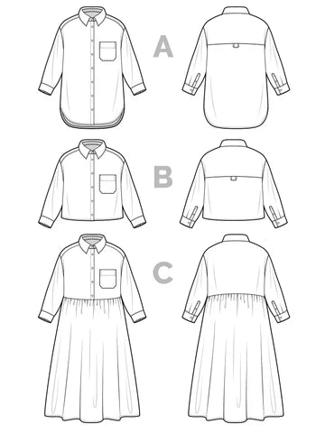 Black and white line art sewing pattern illustrations showing three variations of a long-sleeve button-up shirt dress, labeled A, B, and C, with front and back views.
