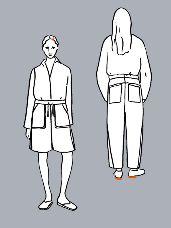 Line drawings of two people wearing different outfits on a gray background