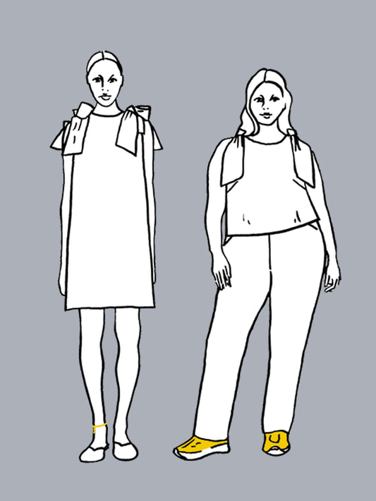 Black and white line drawings of two people wearing dresses on a gray background