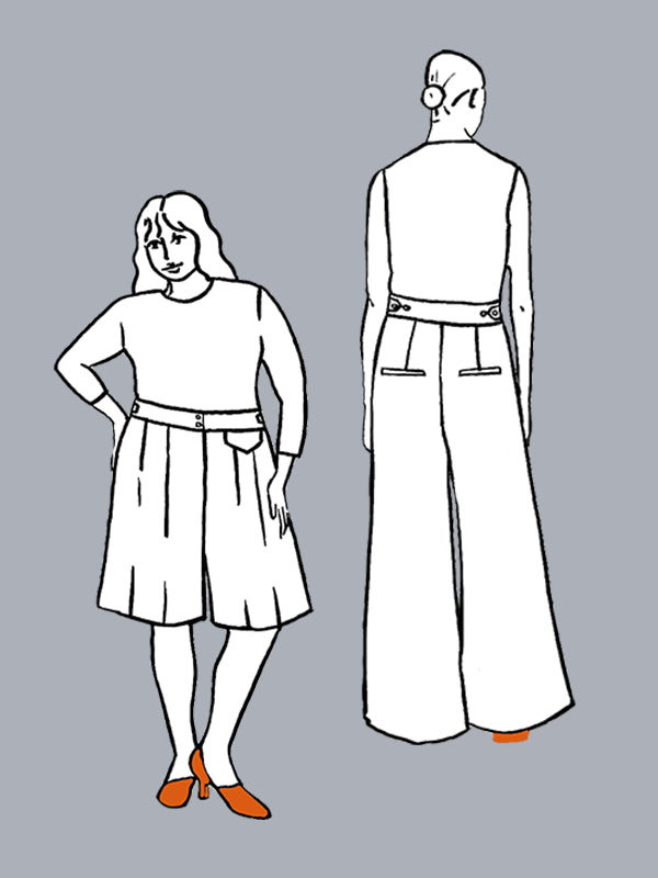 Fashion illustration of a dress and pants with front and back views on a gray background