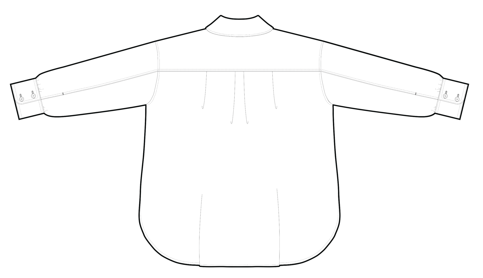 Line drawing of a the back of a white shirt with long sleeves on a white background