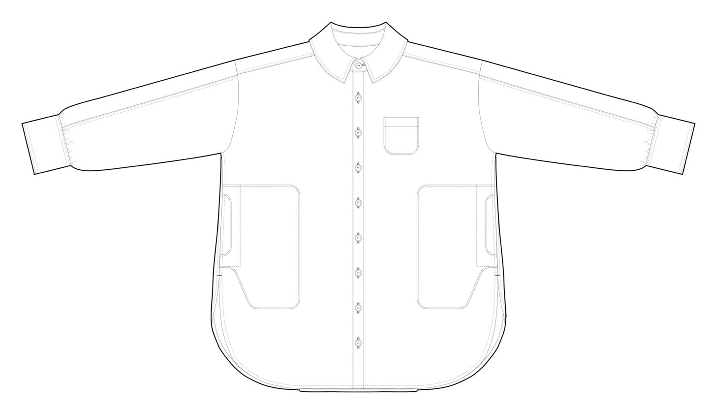 Line drawing of a the front of a white shirt with long sleeves on a white background