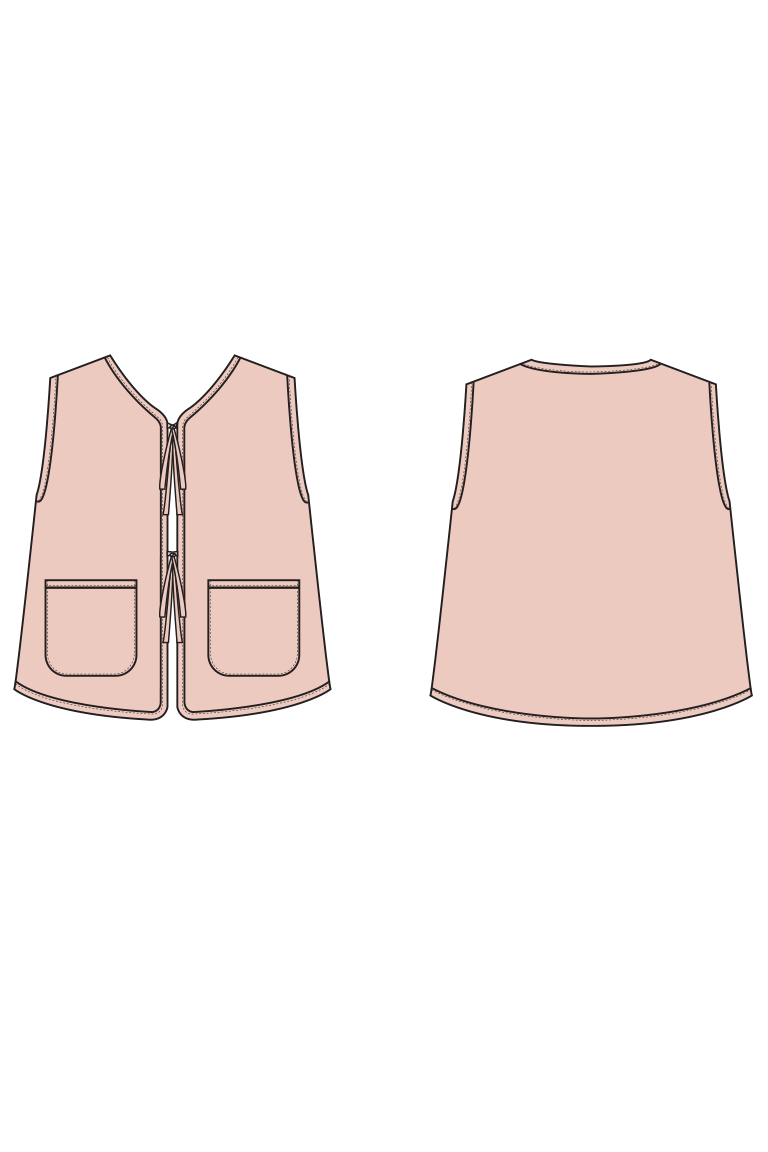A simple line-art style front and back view of a sleeveless vest in a pale blush pink color on a plain white background.