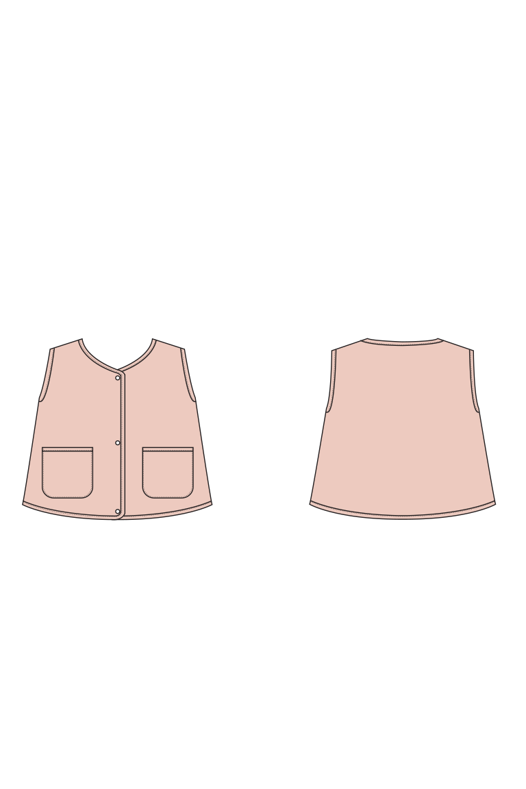 A minimalist line-art style product illustration showing two views of a sleeveless vest: a front view with two front pockets and a button placket, and a back view, both in a pale blush pink color on a white background.