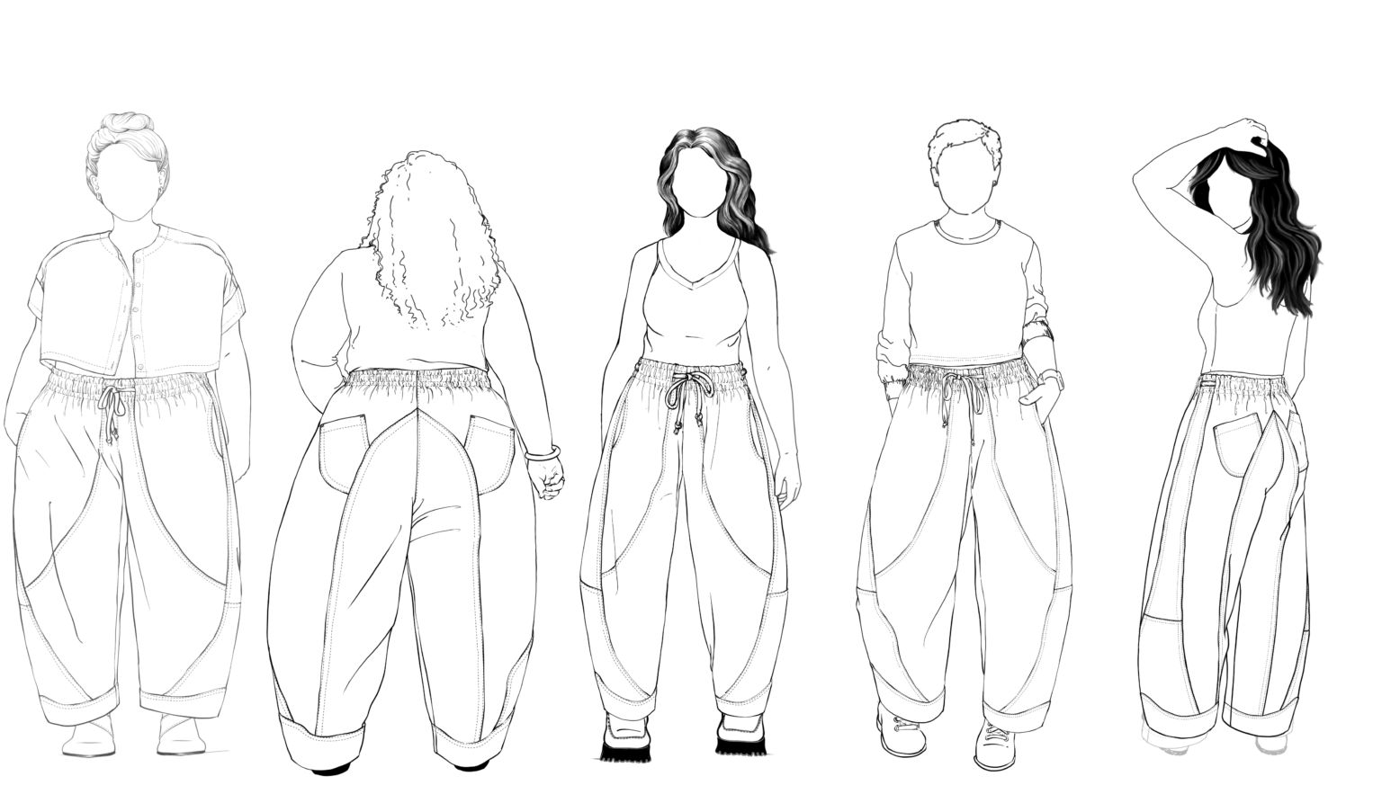 Black and white line art of a woman in various poses with dotted outlines.