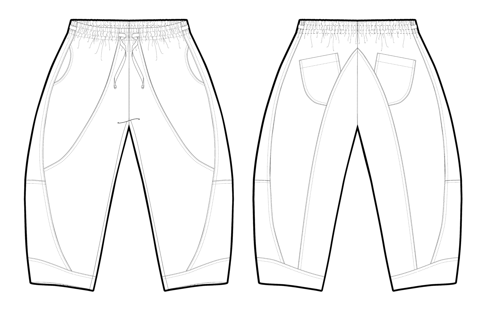 Technical drawing of a pair of pants on a black background