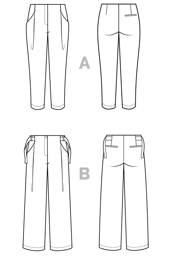 Line drawings of four pairs of pants labeled A, B, C, and D on a white background.
