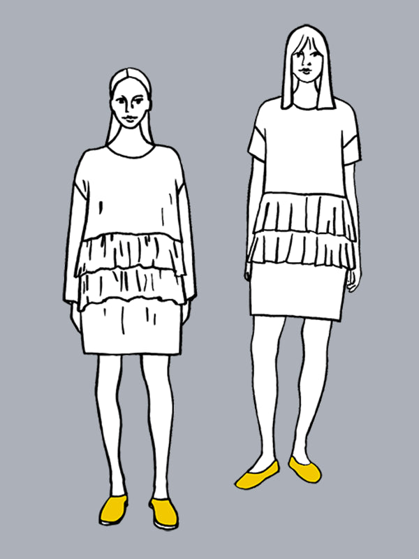 Line drawings of two women wearing layered outfits on a gray background