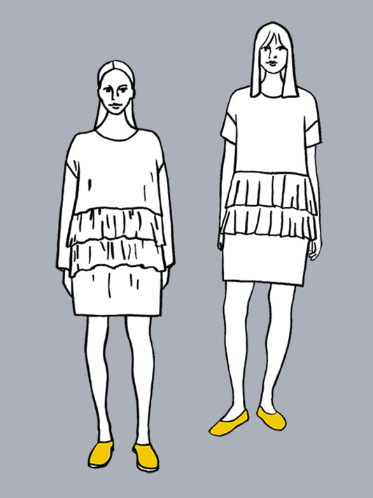 Line drawings of two women wearing layered outfits on a gray background