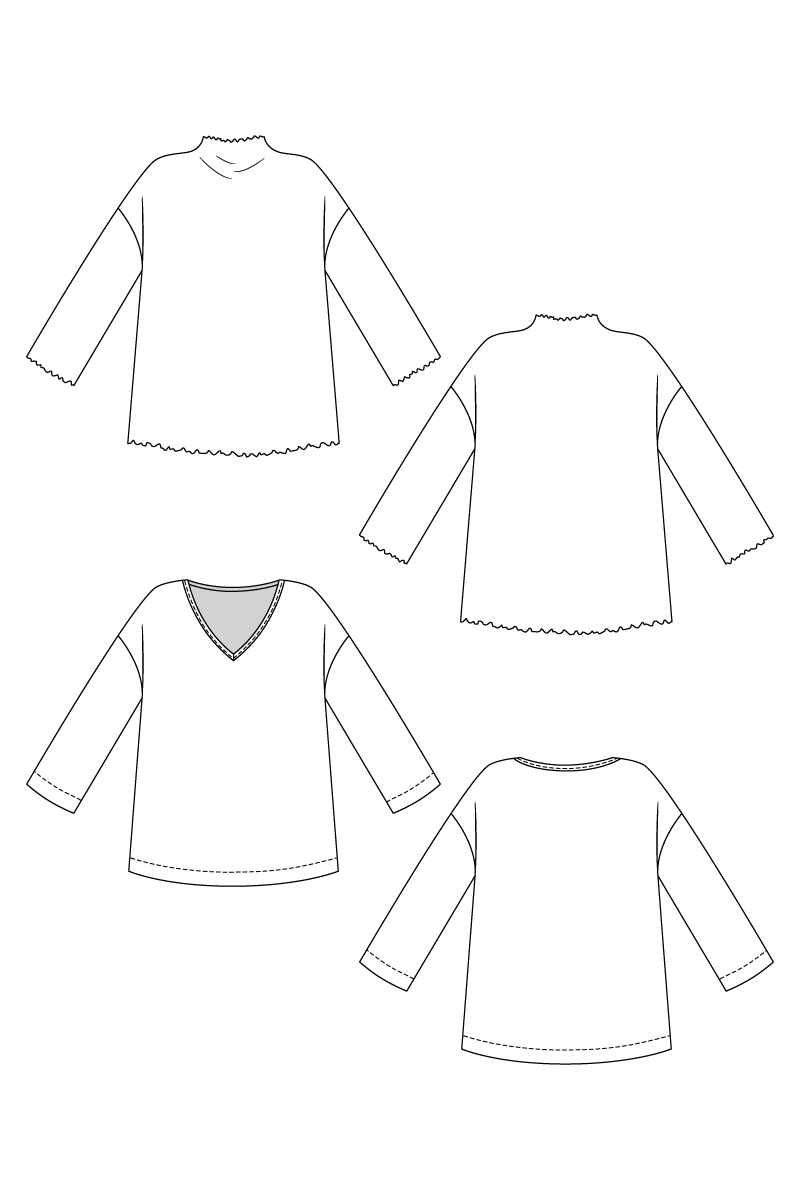 Line drawing of a long-sleeve top from multiple angles on a white background