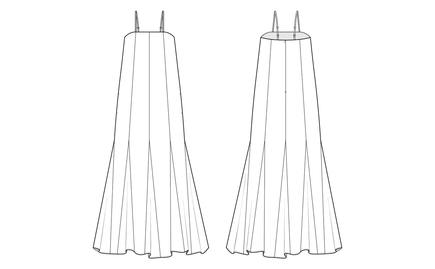 Black and white line art schematic showing two views of a sleeveless, floor-length draped dress with thin shoulder straps.