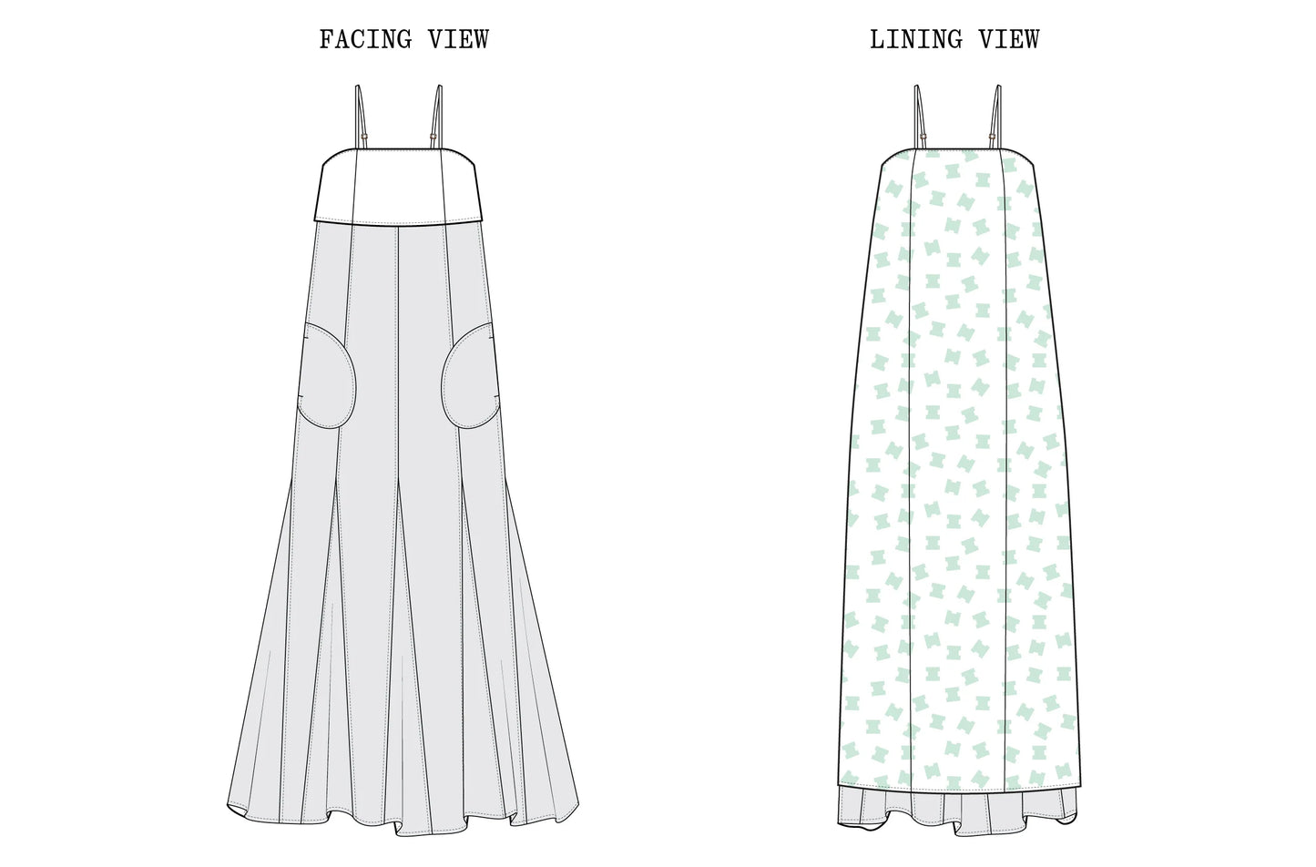 A technical line drawing showing two views of a long sleeveless dress: 'FACING VIEW' on the left in light gray, and 'LINING VIEW' on the right with a pale mint green floral pattern. The image is on a plain white background and functions as a sewing pattern or garment design preview.