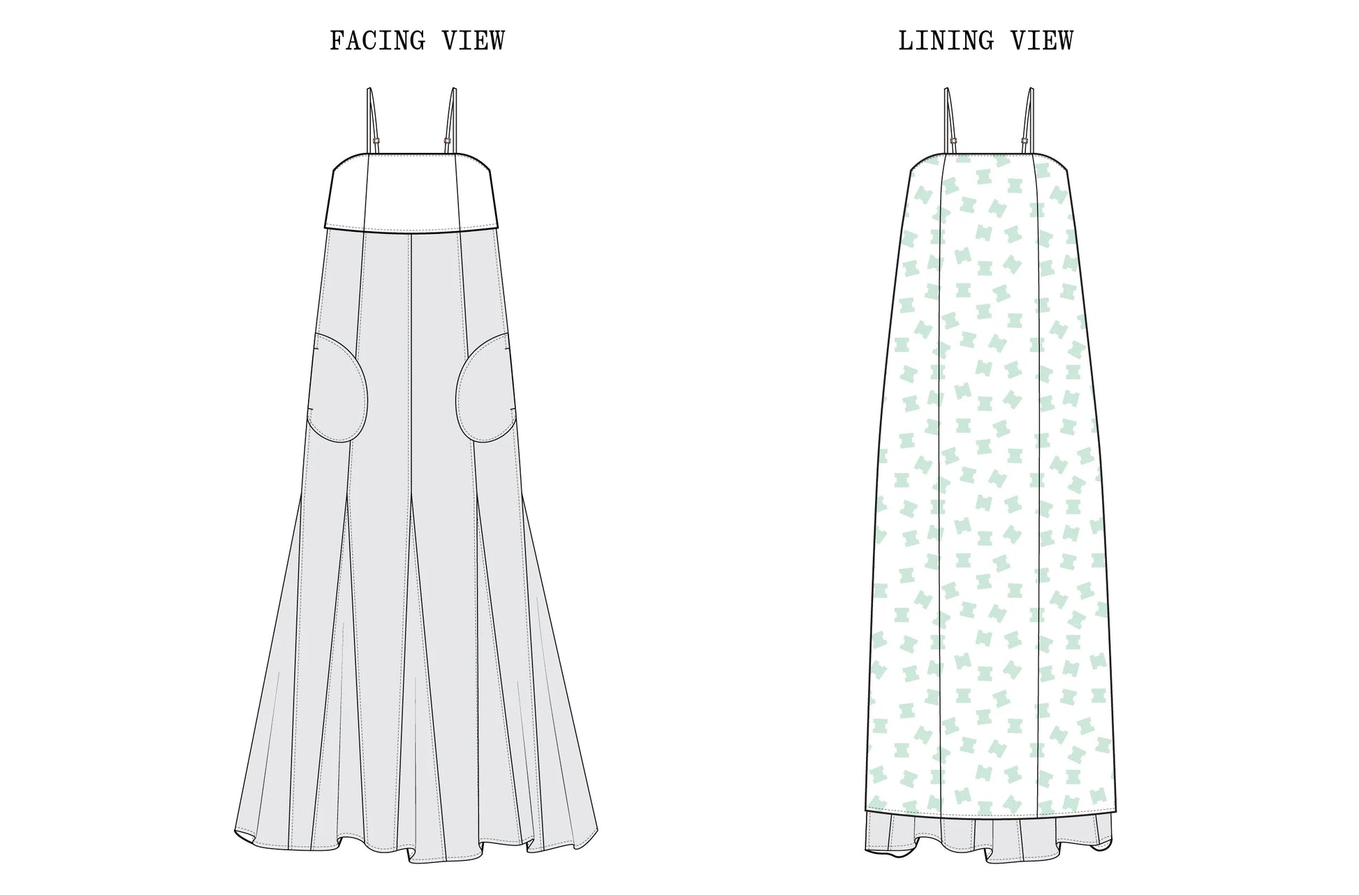 A technical line drawing showing two views of a long sleeveless dress: 'FACING VIEW' on the left in light gray, and 'LINING VIEW' on the right with a pale mint green floral pattern. The image is on a plain white background and functions as a sewing pattern or garment design preview.