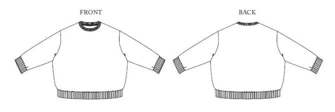 Line drawing of a sweater from front and back views on a white background