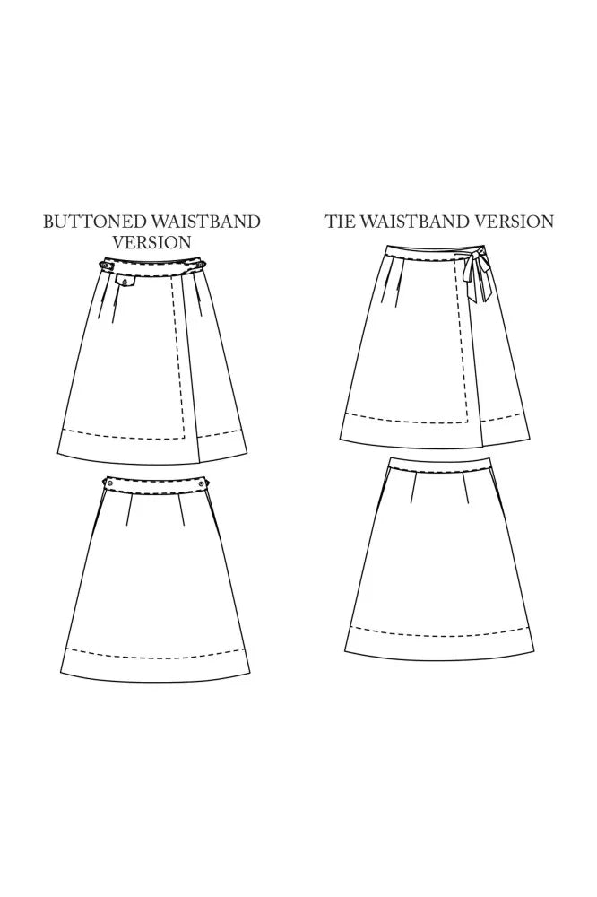 Line drawings of two versions of a skirt with buttoned and tie waistbands on a white background.