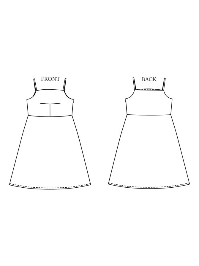 Line drawing of a dress front and back view on a white background