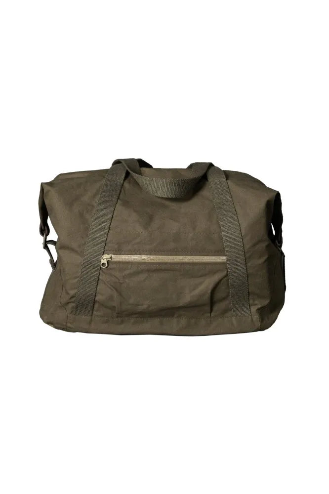 Green duffel bag with a zipper on a white background