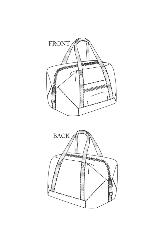 Line drawing of a bag from front and back perspectives on a white background